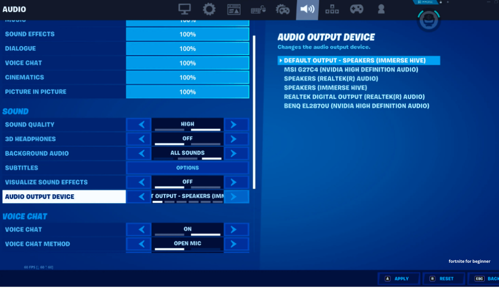 screenshot showing audio output device setting in fortnite
